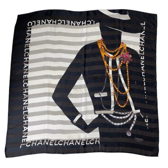 Chanel 80s Jewelry Madame Coco Black and Ecru Square Silk Scarf W/Box - Picture 16 of 16